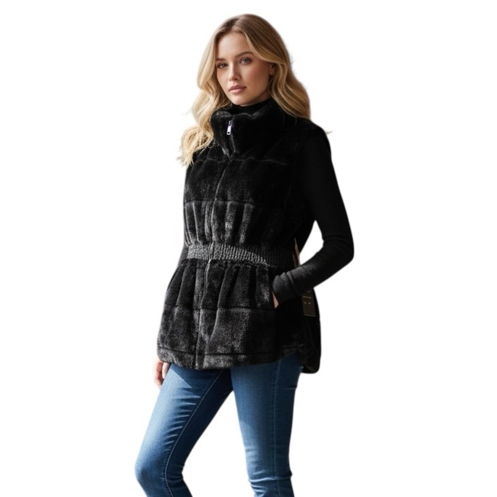 Cavallini Plush Faux Fur + Vegan Leather Lux Vest Black Cinched Waist  2X & 3X